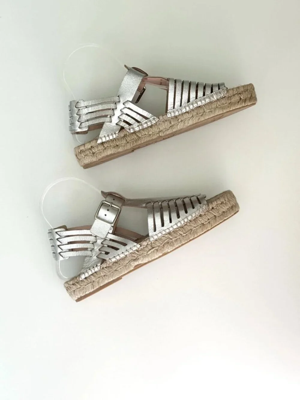 NEW LOEFFLER RANDALL Metallic Silver Leather Fisherman Espadrille Sandals Size 8